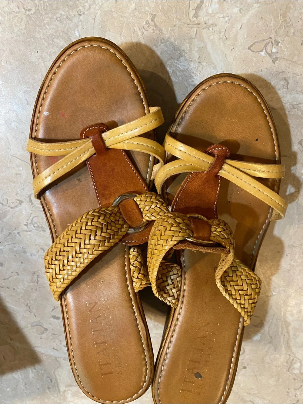 Italina Yellow Tan Braided Slide Sandals